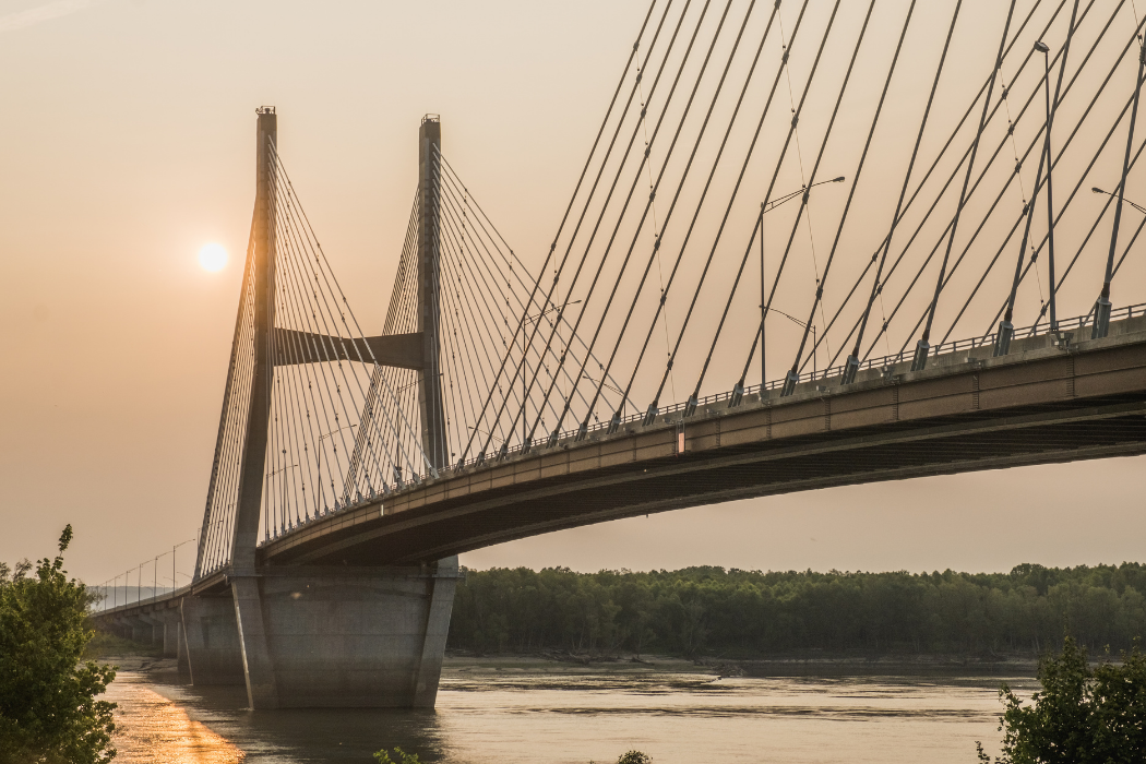 Suspension bridge in Cape Girardeau, Missouri at sunrise