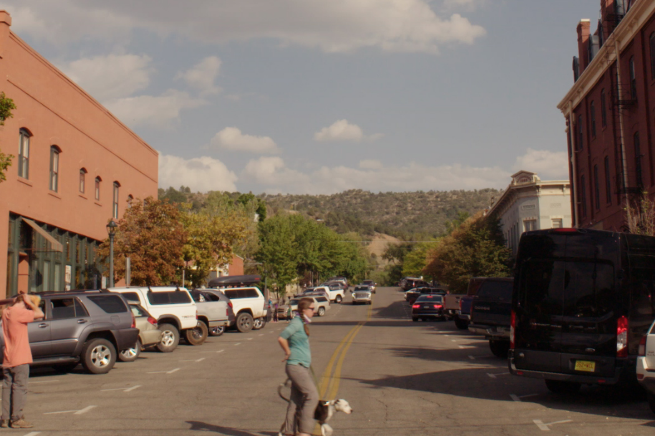 person and dog crossing the street in a small town