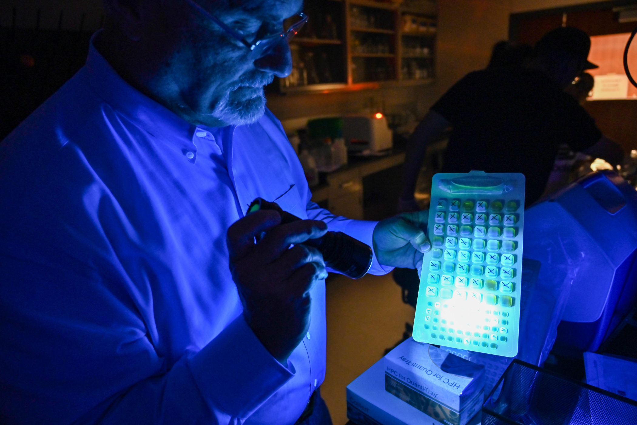 Guy Sewell shines a flashlight at a sheet of soil samples