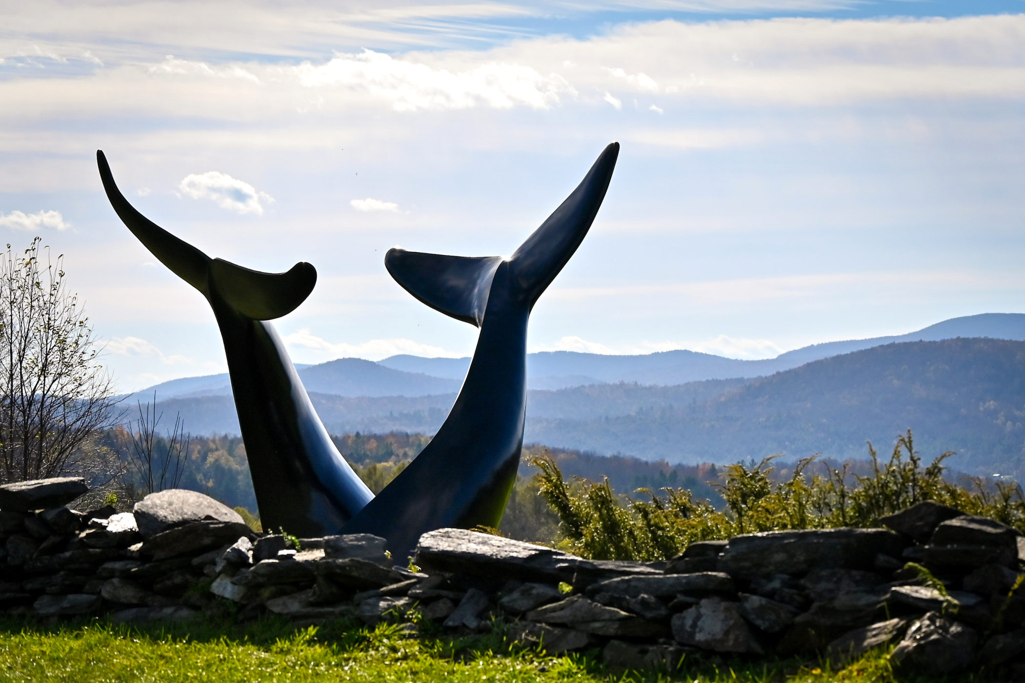 A sculpture of whale tails frames the landscape view above Randolph, Vermont.