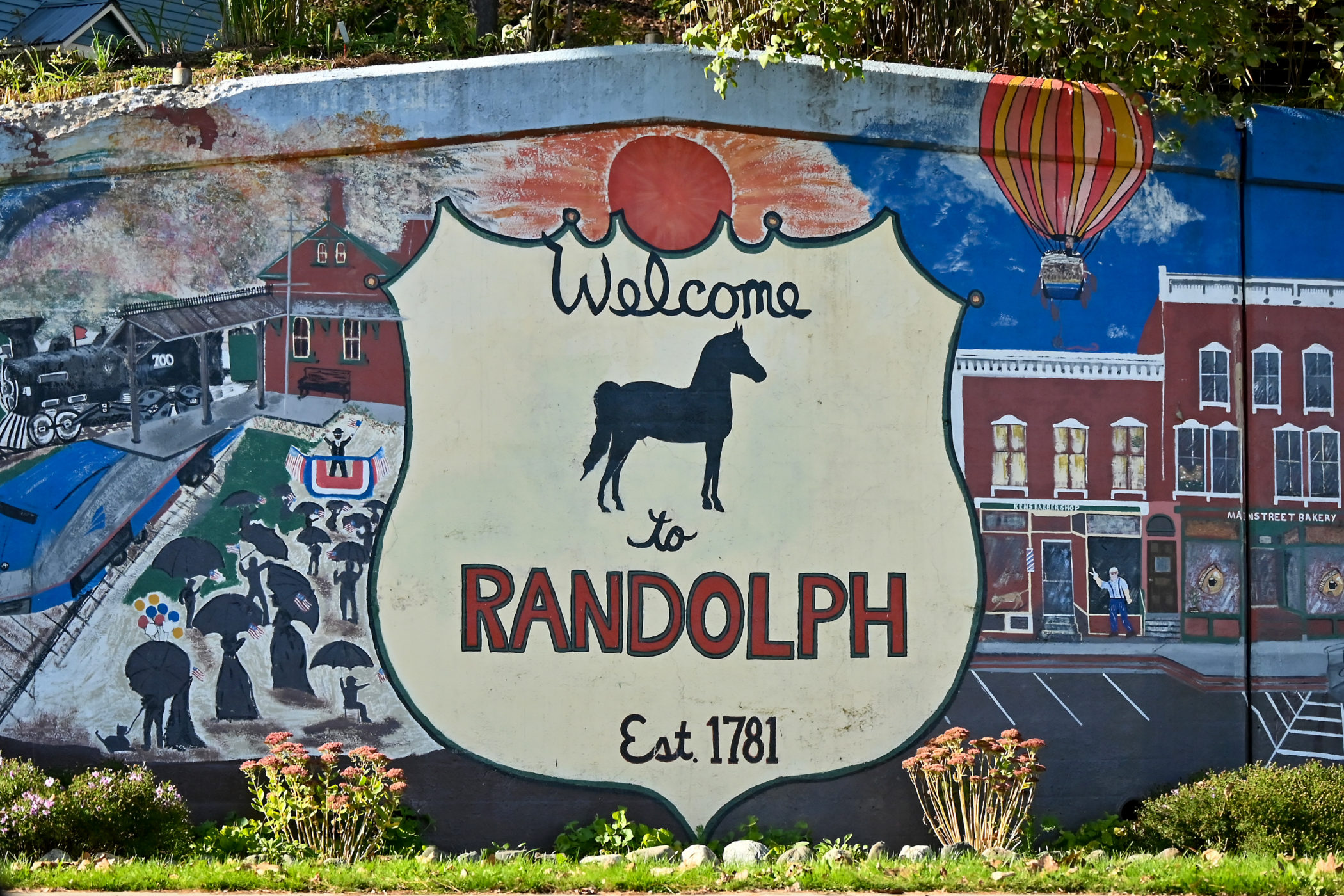 A landscape mural welcomes people arriving in Randolph, Vermont.