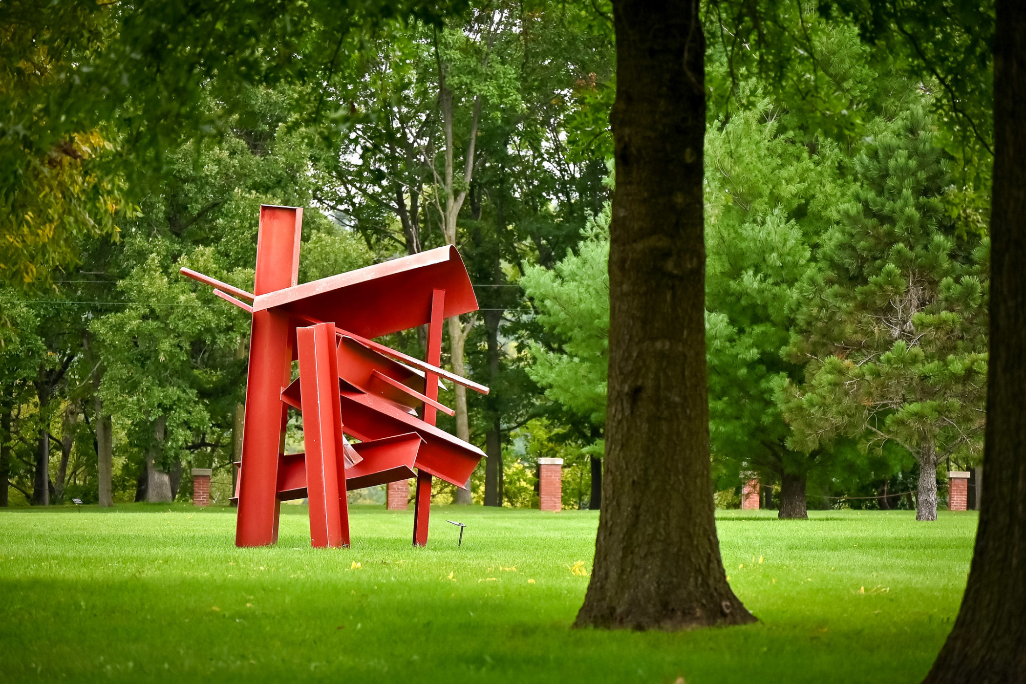 Sculptures stand at the Anderson Center Sculpture Garden in Red Wing, Minnesota