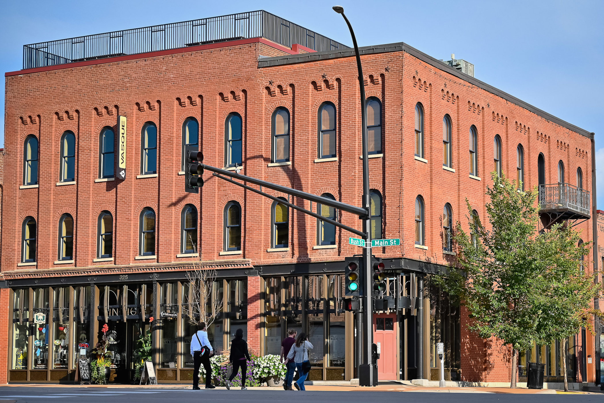 Pedestrians cross Main Street in downtown Red Wing, Minnesota