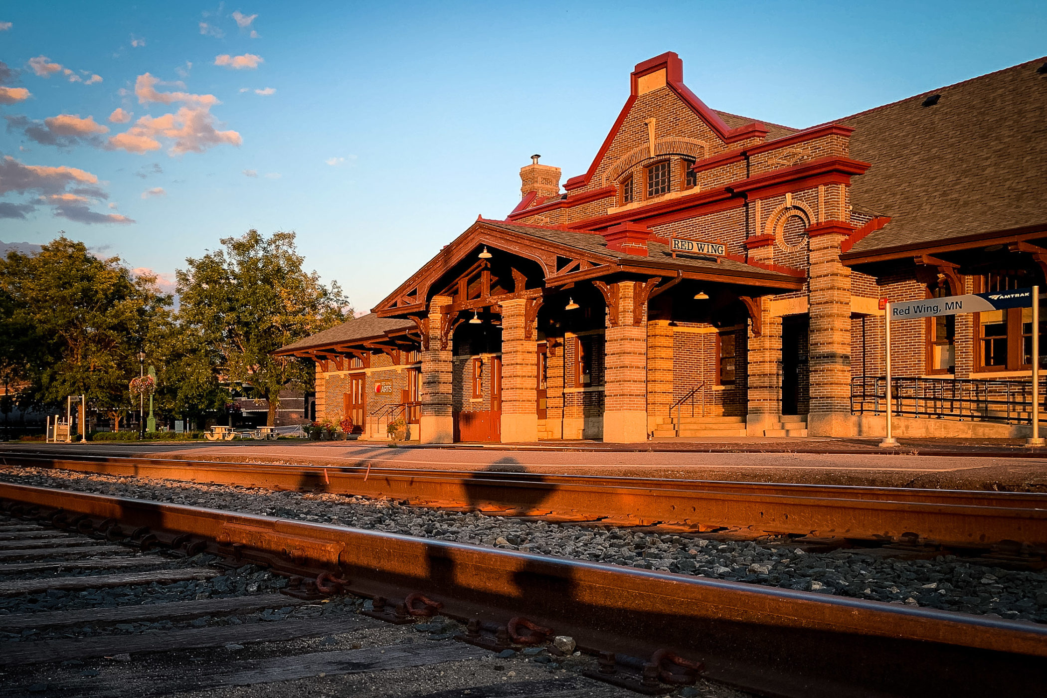 Red Wing depot building at sunset