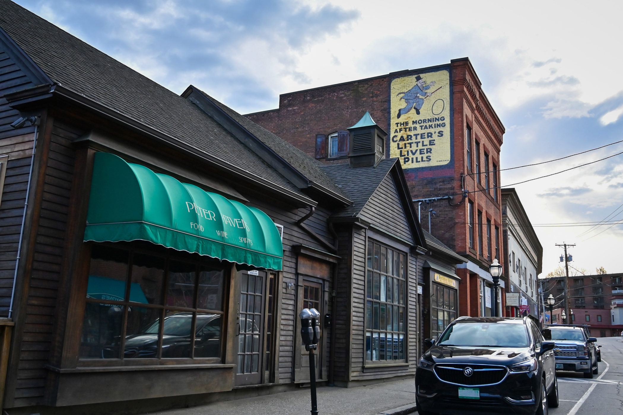 A streetscape in downtown Brattleboro, Vermont.