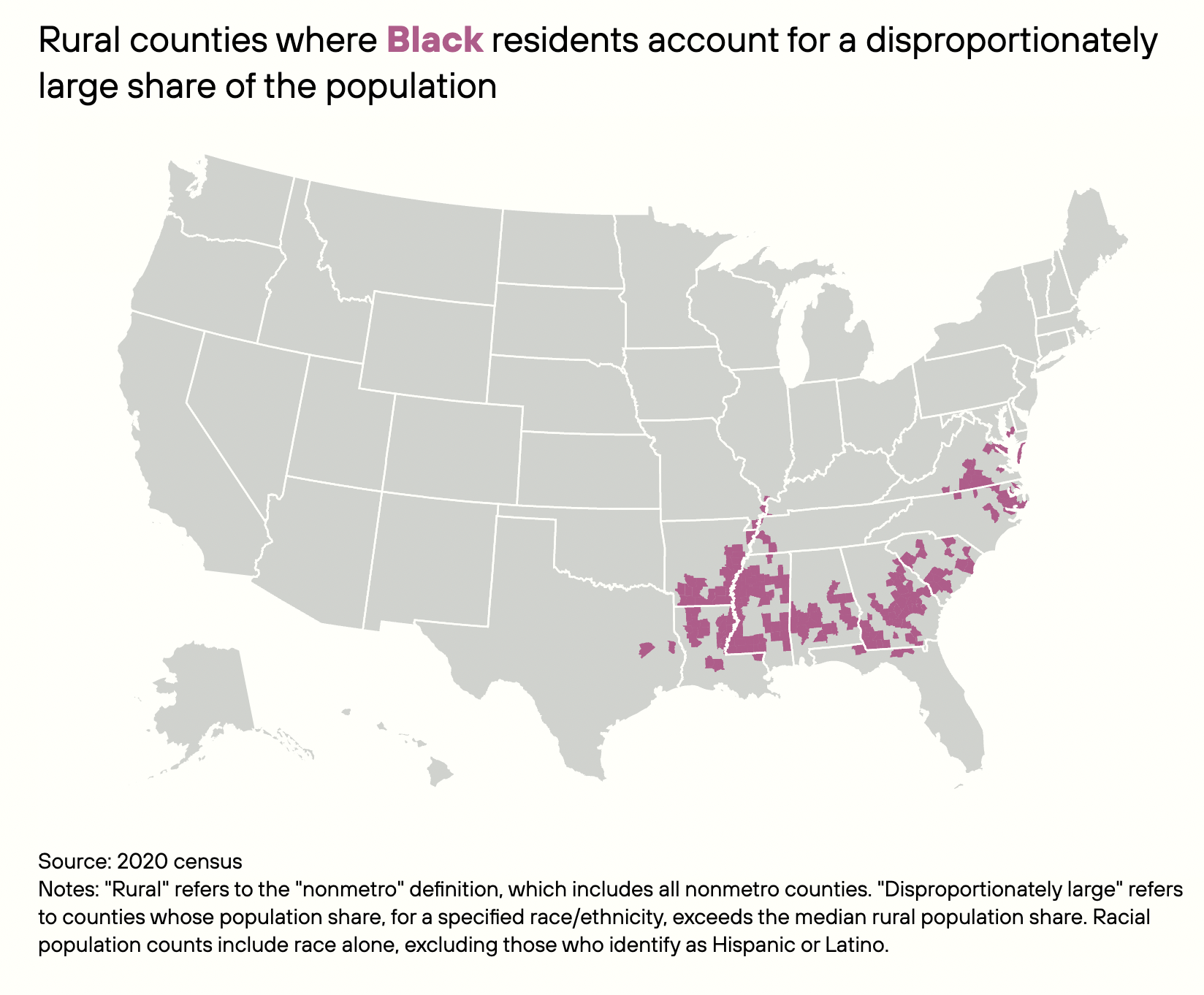 Map of rural counties where Black residents account for a disproportionately large share of the population