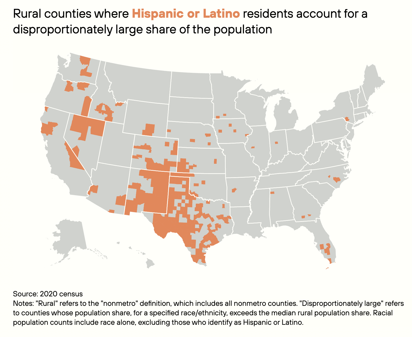 Map of rural counties where Hispanic or Latino residents account for a disproportionately large share of the population