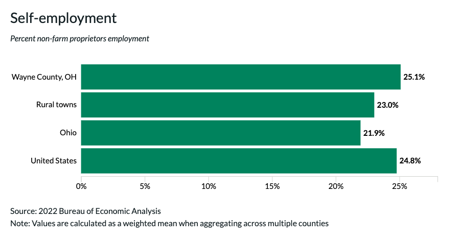 Bar graph showing that Wayne County, Ohio has a high rate of self-employment (non-farm) compared to other rural towns, the states of Ohio, and the United States. Self-Employment Rates Wayne County, OH: 25.1% Rural Towns: 23% Ohio: 21.9% United States: 24.8%