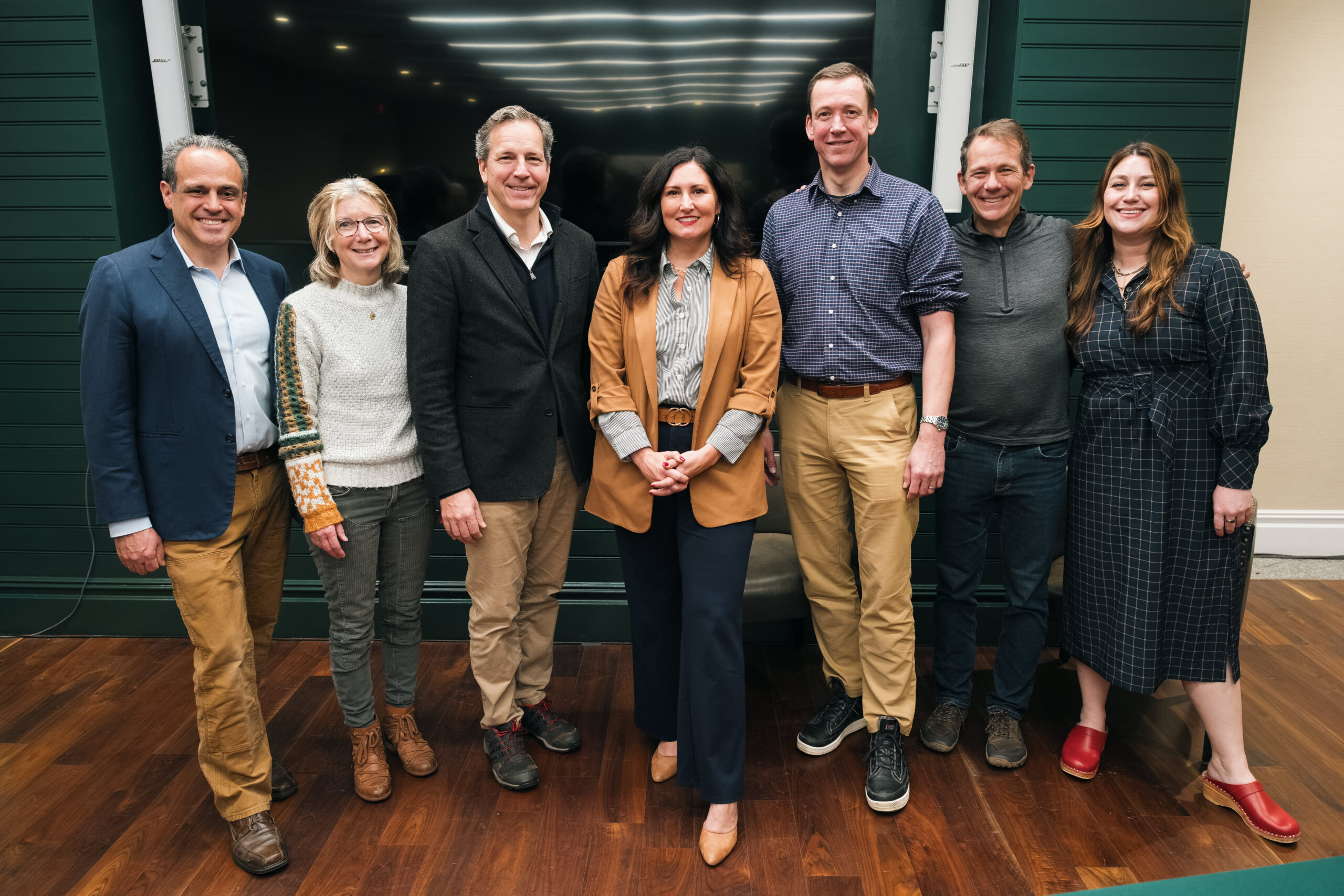Gretchen Heinen, founder of Authsnap and winner of CORI's 2025 Small Towns, Big Ideas pitch event with Matt Dunne, CORI founder and CEO, event judges Janice St. Onge, Jay Bockhaus, Vincent Berk, Matt Rightmire, and CORI's Chief Program Officer Molly Pyle. 