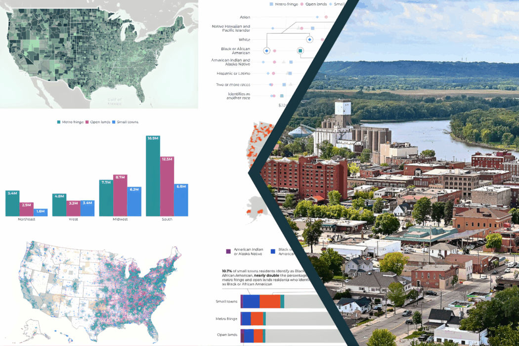 Image of data graphs & maps with overlay of rural town.