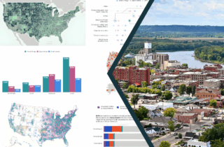 Image of data graphs & maps with overlay of rural town.