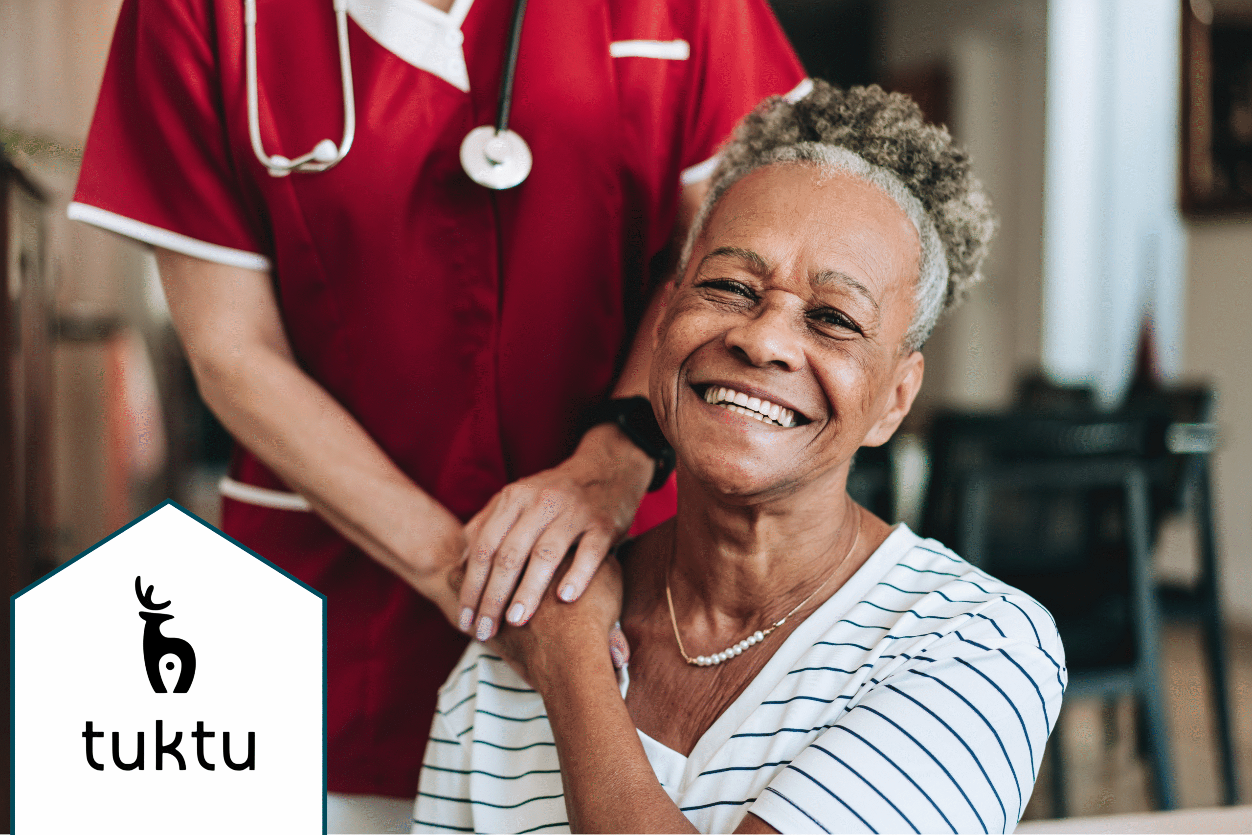Tuktu logo over photo of an aging woman with a nurse