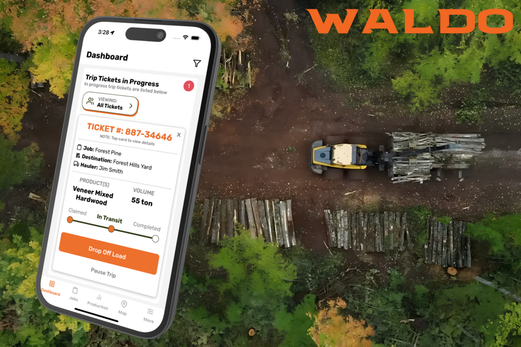 image of phone with Waldo app overlaid on aerial photos of logging in the woods with the Waldo logo in the corner.