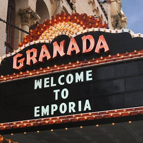 Granada marquee sign says "Welcome to Emporia"